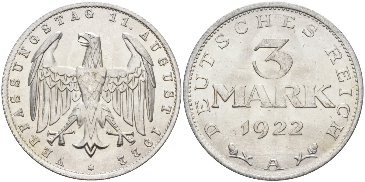 Германия 3 марки 1922 A, третья годовщина Веймарской Конституции KM 29, J.303 алюминий UNC 4587-246