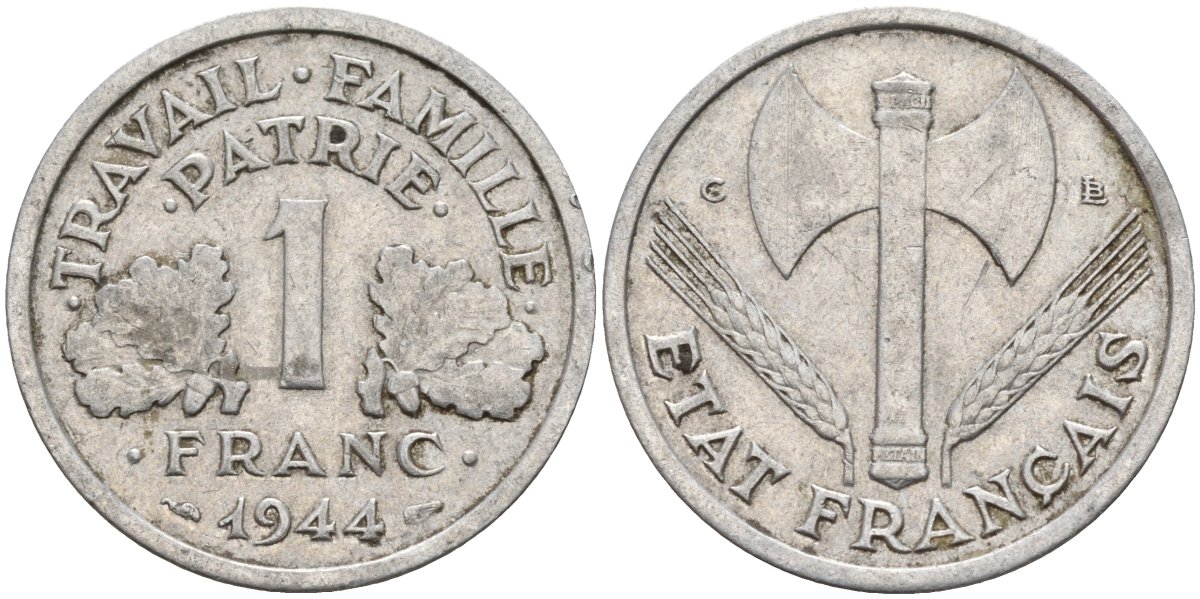 Франция 1 франк 1944 C, тип Lourde, правительство Виши KM 902.1 алюминий 4142-944