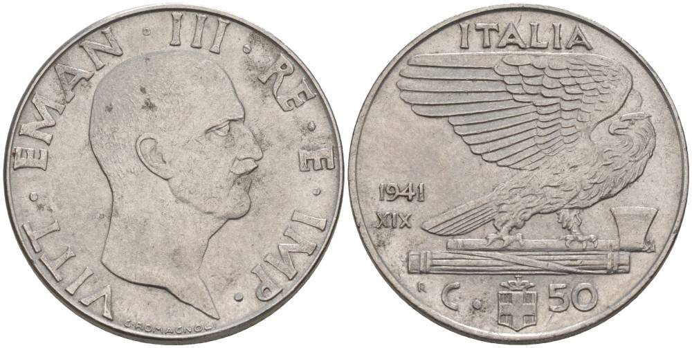 ИТАЛИЯ 50 ЧЕНТЕЗИМО 1941 R, ГОД XIX, ВИКТОР ЭММАНУИЛ III (1900-1946) KM 76b, VEM3. 1063 нержавеющая сталь 3853-415
