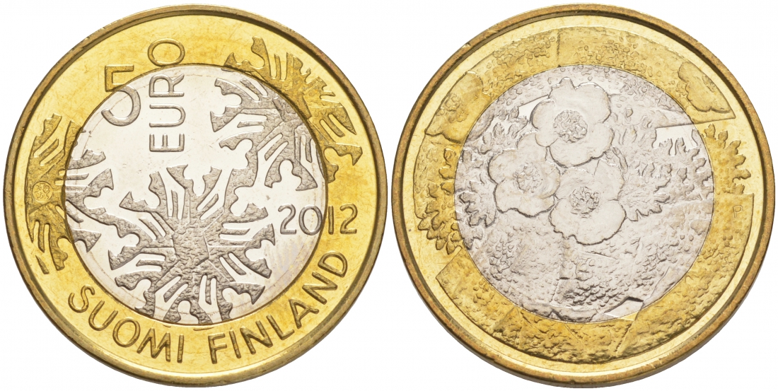 Финляндия 5 евро 2012 серия северная природа, флора, лютик KM 184 биметалл UNC M30-15