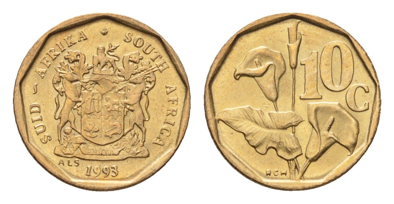 ЮАР 10 центов 1993 герб, цветок алоэ KM 135 сталь плакированная бронзой UNC 4694-659