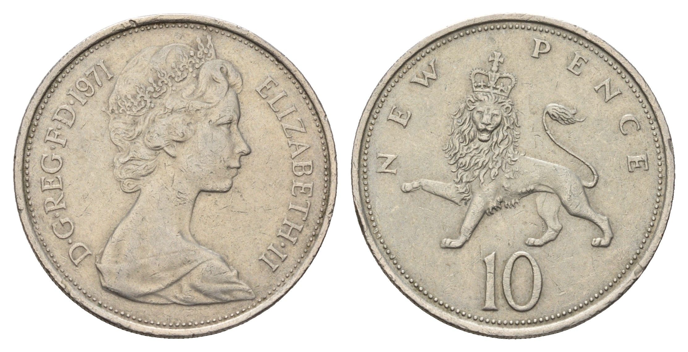 Великобритания 10 новых пенсов 1971 Елизавета II (1952-2022) KM 912, Spink 4231 (F1) медно-никель 4678-953