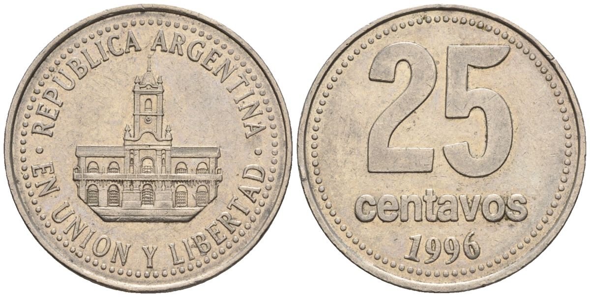 Аргентина 25 сентаво 1996 ратуша Буэнос-Айреса KM 110a, CJ 4.4.2, Schon 111a медно-никель    60-435