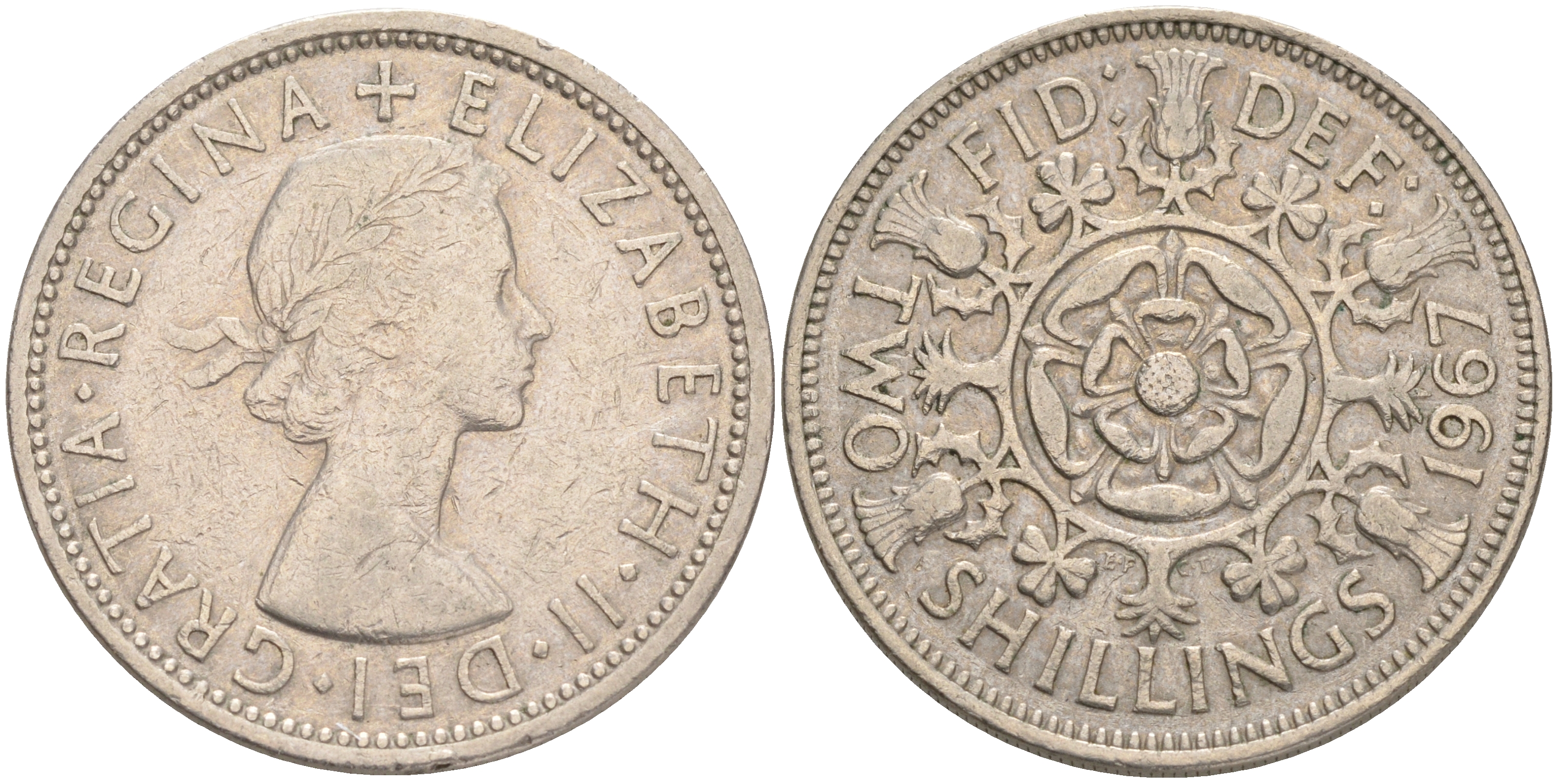 Великобритания 2 шиллинга (флорин) 1967 Елизавета II (1952-2022) KM 906, Spink 4146 медно-никель 189-712