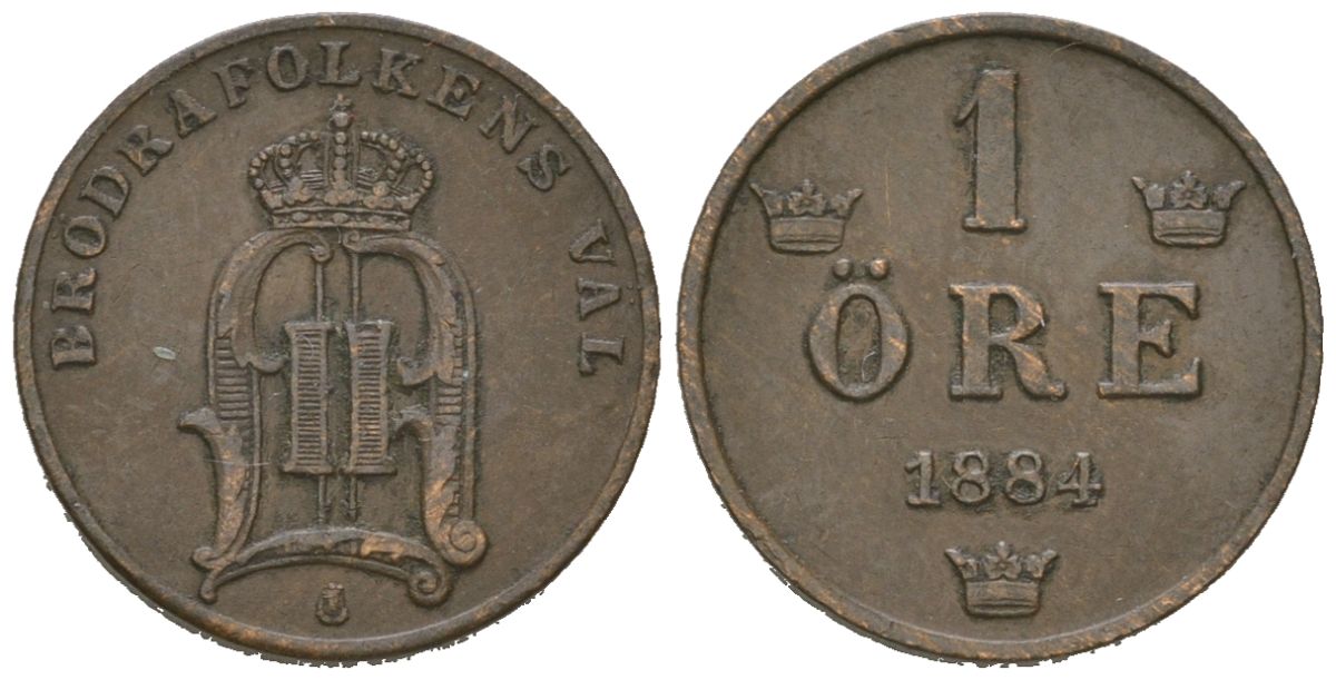 Швеция 1 эре 1884 Оскар II (1872-1907) KM 750 бронза 4611-328