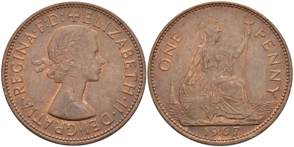 Великобритания 1 пенни 1967 Елизавета II (1952-2022) KM 897, Spink 4157 бронза 4574-324