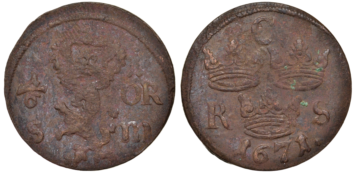 Швеция 1/6 эре 1671 Карл XI (1660-1697) была в обращении на территории России KM 254 медь 4177-417