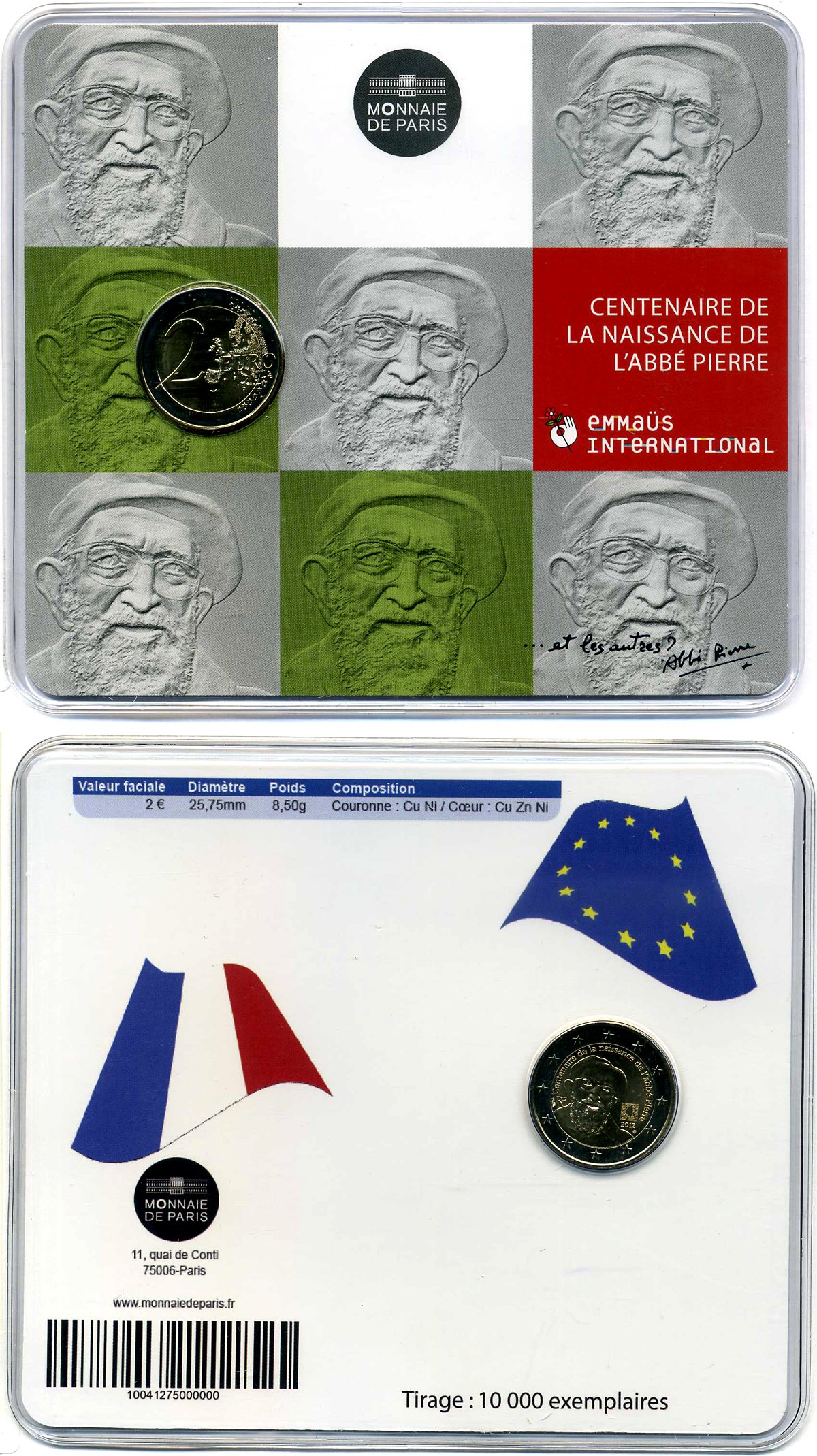 Франция 2 евро 2012 100 лет со дня рождения аббата Пьера, буклет, пластик, запайка KM 1894 биметалл BUNC 00-000-00