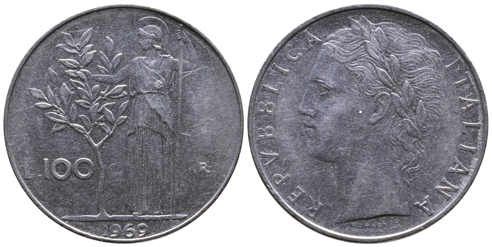 ИТАЛИЯ 100 ЛИР 1969 R, АФИНА KM 96.1 сталь 3334-123