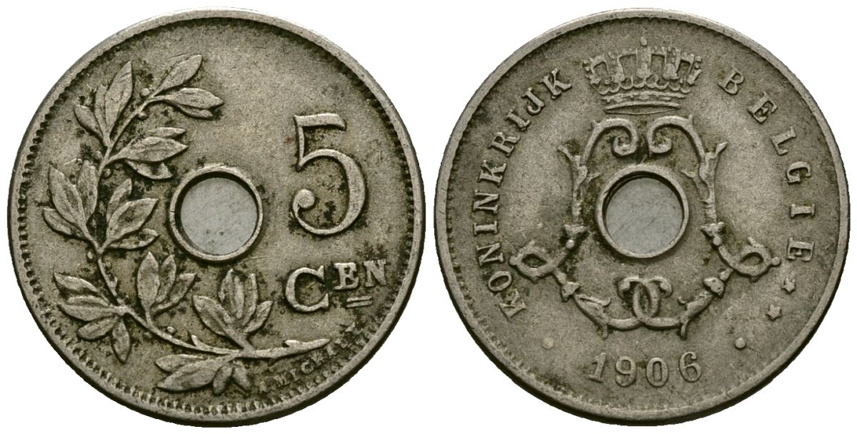 Бельгия 5 сантимов 1906 Belgie, Леопольд II (1865-1909) KM 55 медно-никель 4173-145