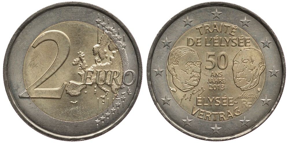 Франция 2 евро 2013 50 лет подписания "Елисейского договора" KM 2094 биметалл UNC 110-1045