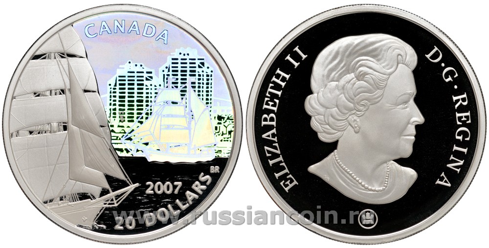 Канада 20 долларов 2007 серия Парусники - бригантина, голограмма, в фирменной коробке с сертификатом KM 738 серебро PROOF 4-3-2-16