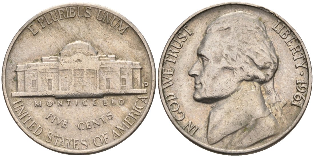 США 5 центов 1961 D, Джефферсон KM А192 медно-никель 92-1044