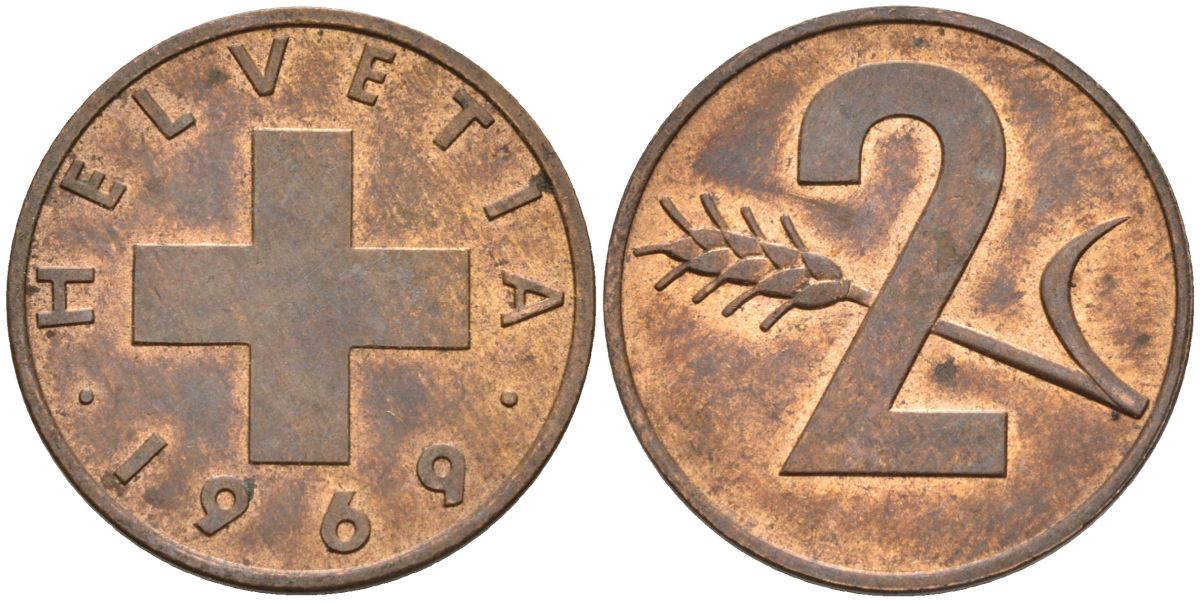 Швейцария 2 раппена 1969 KM 47 бронза 4571-1013