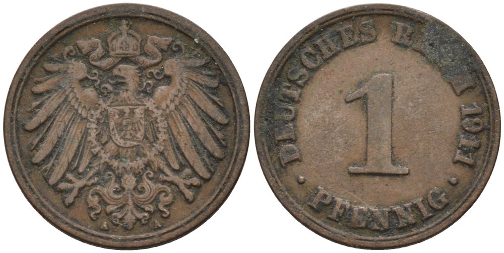 Германия 1 пфенниг 1911 A KM 10, J. 10 медь 4576-129