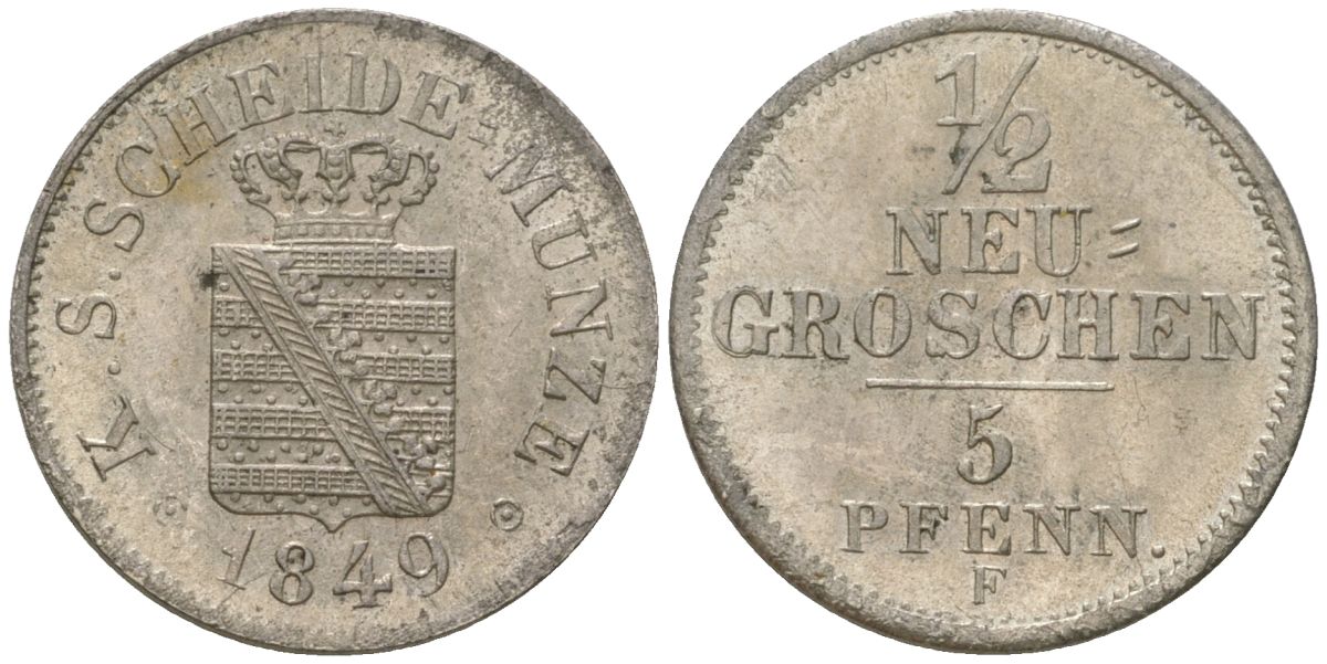 Саксония 1/2 новых гроша = 5 пфеннигов 1849 G, Фридрих Август II (1836-1854) KM 1158 серебро aUNC 4547-232