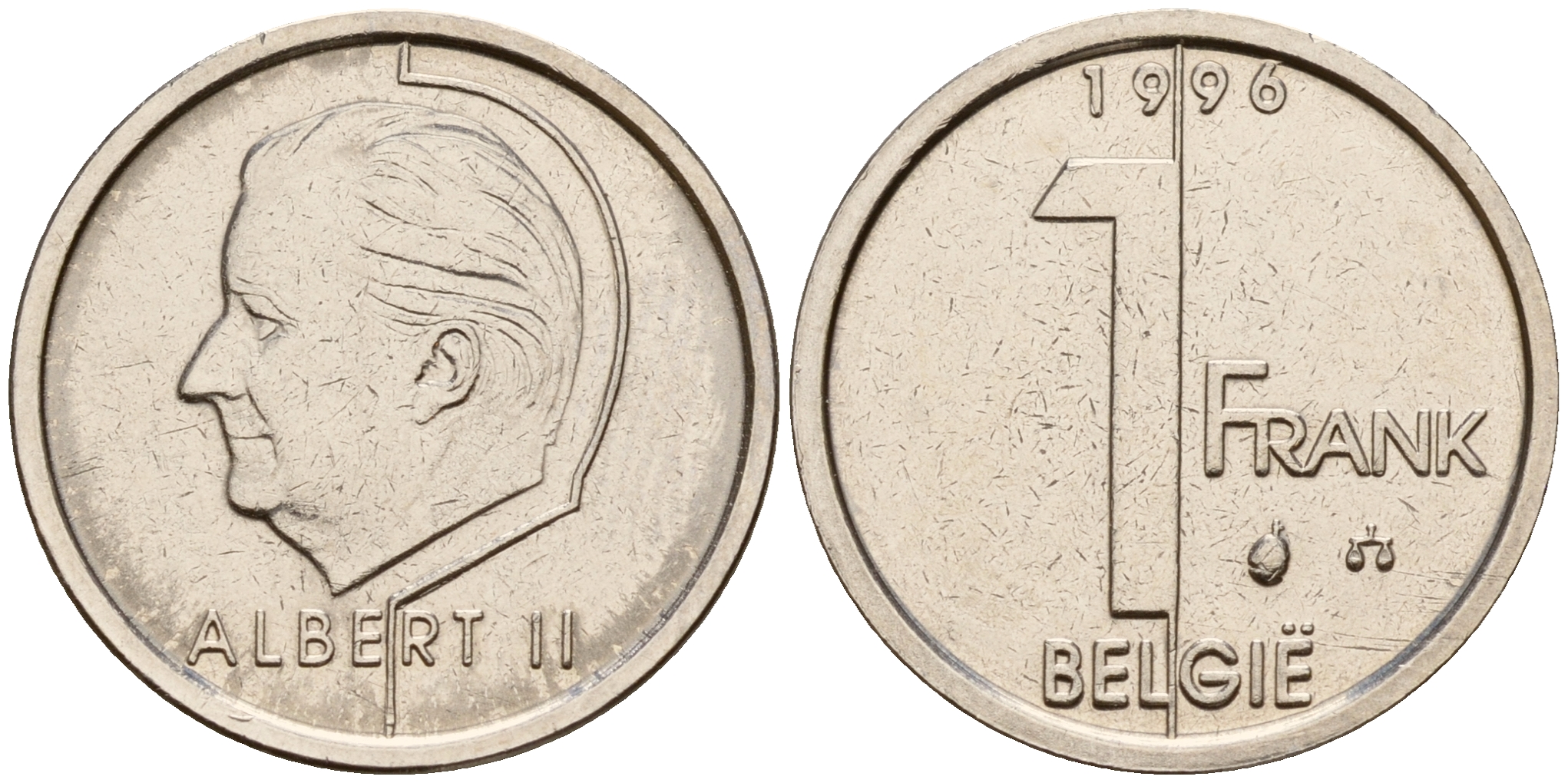 Бельгия 1 франк 1996 Belgie, Альберт II (1993-2013) KM 188 железо плакированное никелем    4598-118