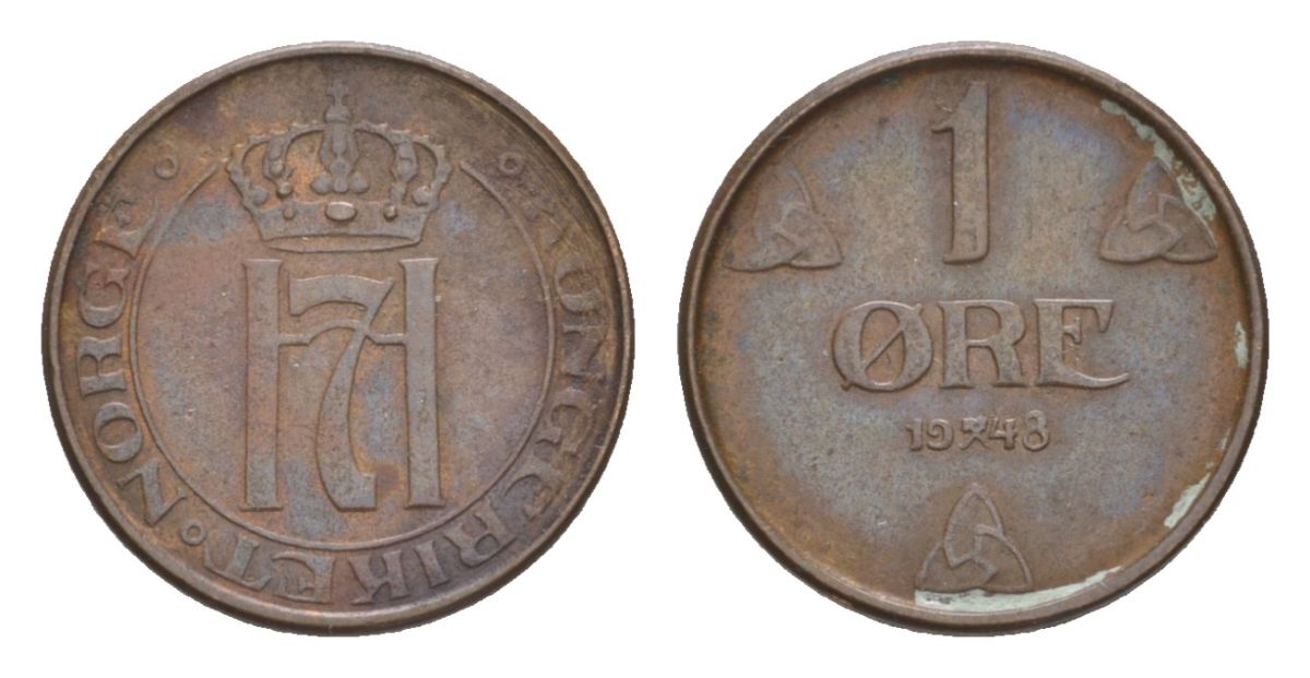 Норвегия 1 эре 1948 Хокон VII (1905-1957) KM 367 бронза 4632-1058