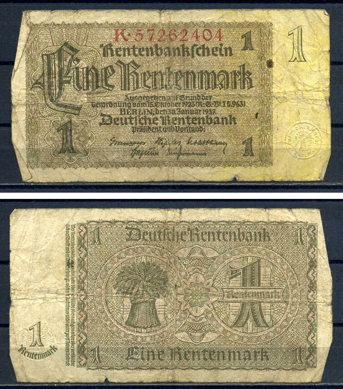 Германия 1 рентенмарка 1937 Pick 173 b бумага 8621-40-2-2