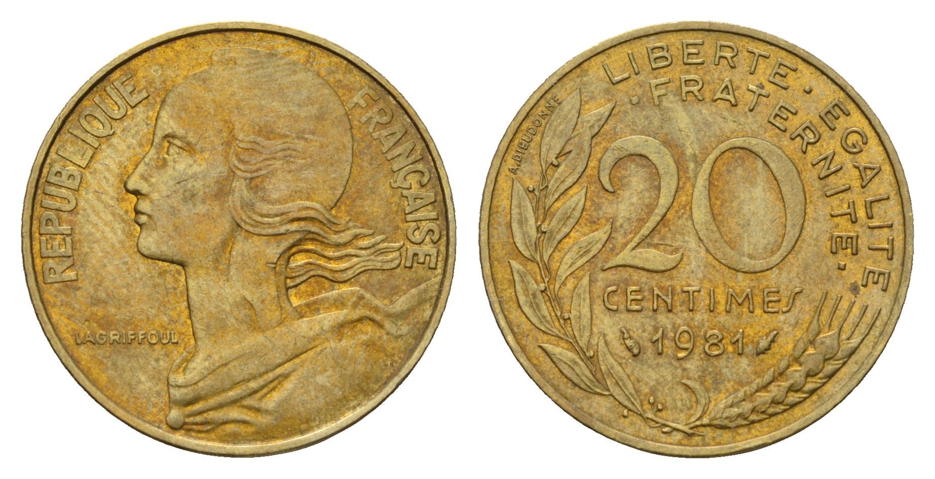 Франция 20 сантимов 1981 KM 929 алюминиевая бронза 186-134