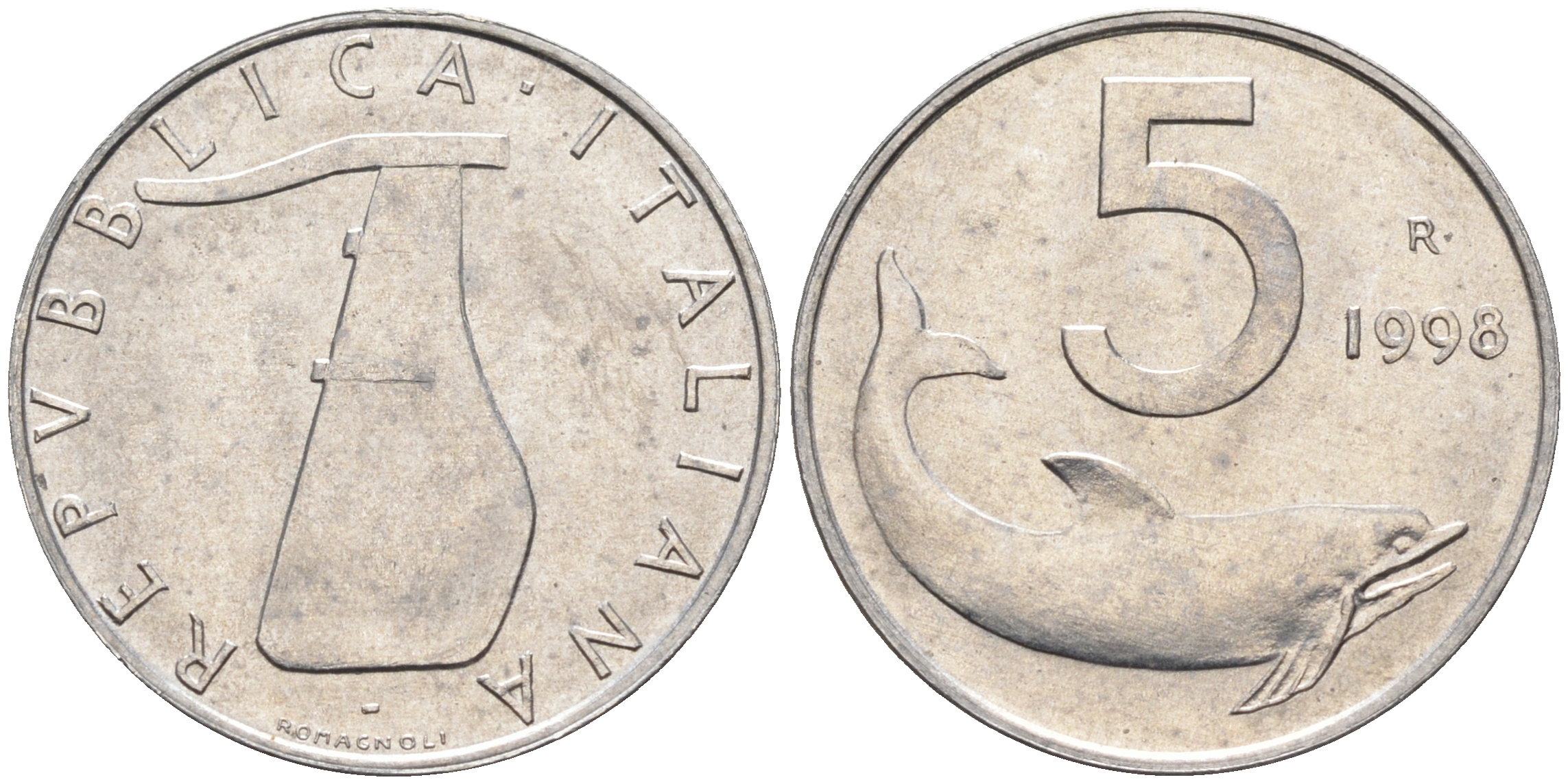 Италия 5 лир 1998 R, дельфин KM 92 алюминий  UNC  4594-951