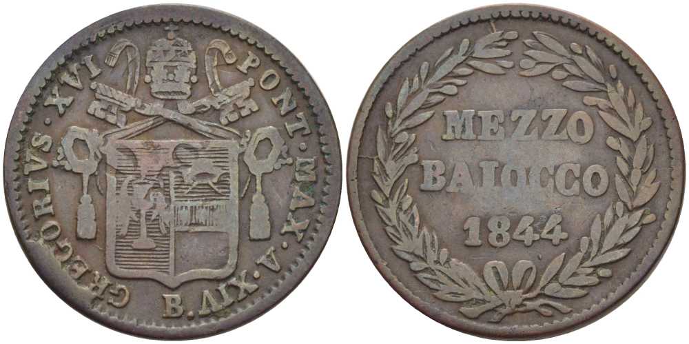 ВАТИКАН МЕЦЦО = 1/2 БАЙОЧЧИ 1844 B, ГОД XIV, ПАПА ГРЕГОРИЙ XVI (1831-1846) KM 1319 (C145a) медь 3896-1545