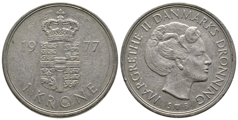 Дания 1 крона 1977 S; B, Маргарете II (1972- ) KM 862.1 медно-никель 3459-121