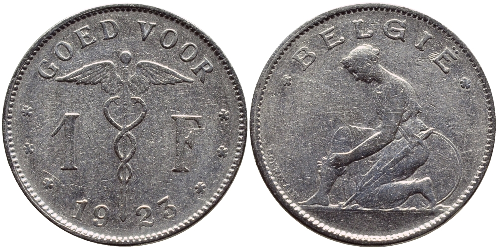 Бельгия 1 франк 1923 Belgie, Альберт I (1909-1934) KM 90 никель 4610-853