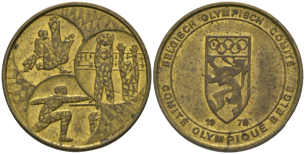 БЕЛЬГИЯ ЖЕТОН 1978 БЕЛЬГИЙСКИЙ ОЛИМПИЙСКИЙ КОМИТЕТ, ВИДЫ СПОРТА, ВОЛЕЙБОЛ, ФИХТОВАНИЕ БОРЬБА, ОЛИМПИЙСКАЯ СИМВОЛИКА желтый металл 99-443