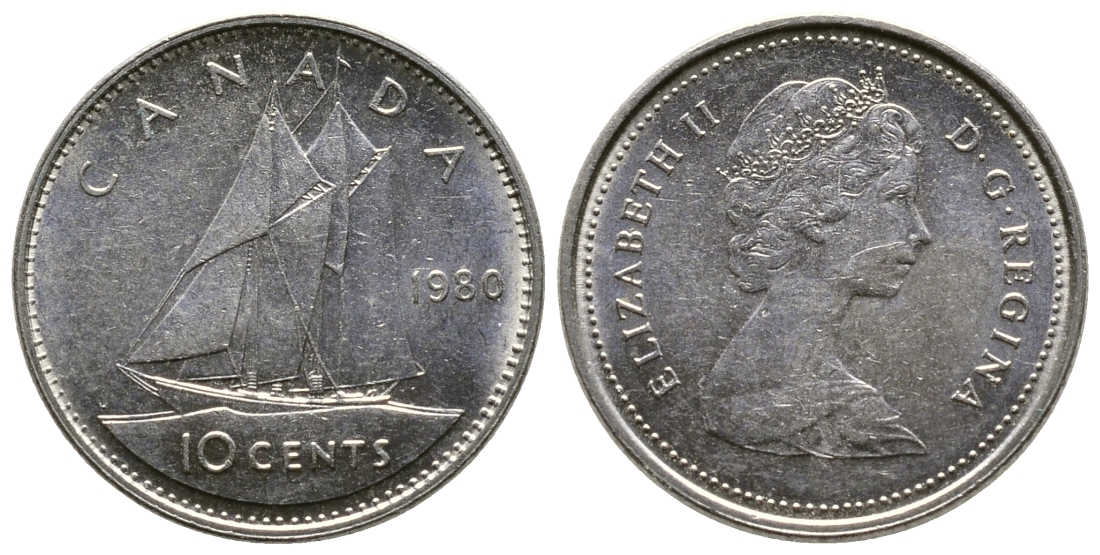 КАНАДА 10 ЦЕНТОВ 1980 ПАРУСНИК, ЕЛИЗАВЕТА II KM 77.2 никель 179-1063