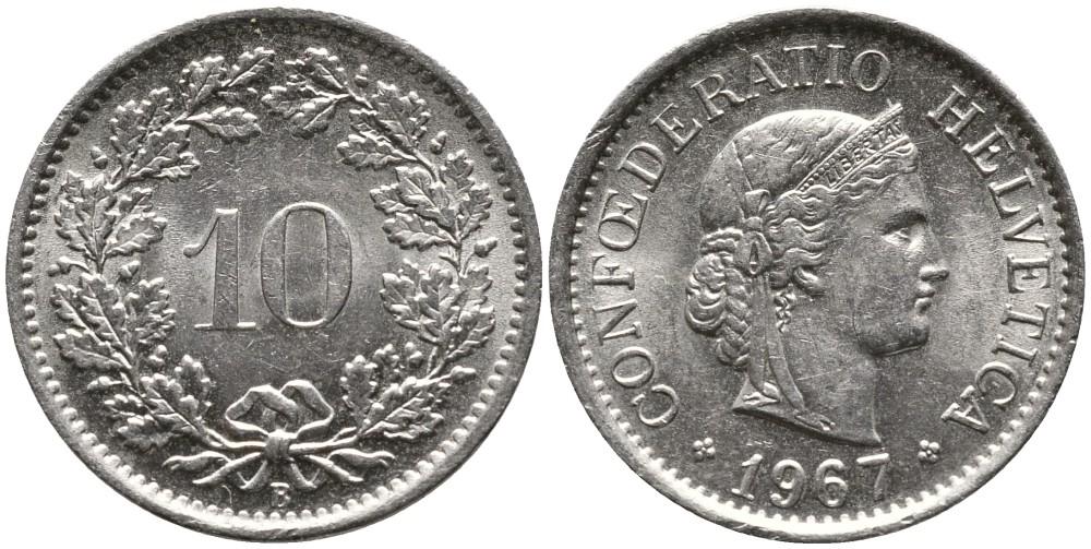 ШВЕЙЦАРИЯ 10 РАППЕНОВ 1967 В KM 27 медно-никель 4539-511