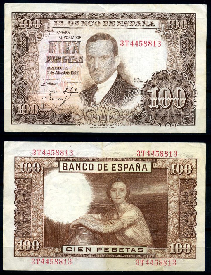 Испания 100 песет 1953 7 апреля 1953, Хулио Ромеро де Торрес Pick 145а бумага 8619-8-1-1