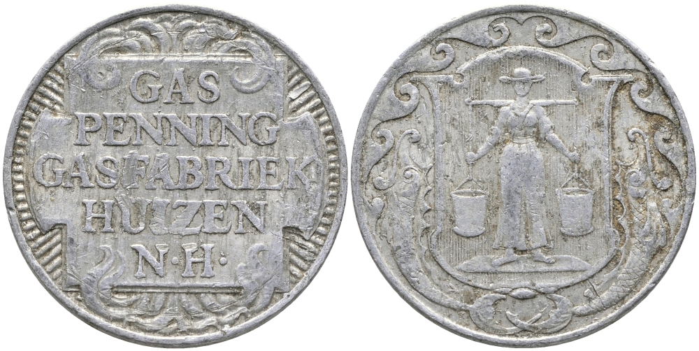 НИДЕРЛАНДЫ ЖЕТОН ND ХЁЙЗЕН ГАЗ ПФЕННИГ, ГАЗОВАЯ ФАБРИКА HUIZEN N.H., ДИАМЕТР 23,5 ММ. алюминий 65-1112