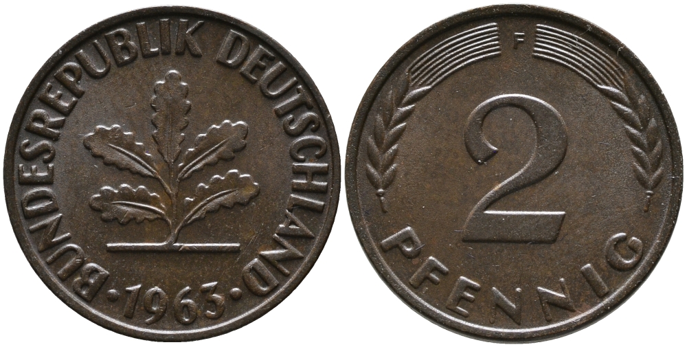 ФРГ 2 пфеннига 1963 F KM 106, J.381 бронза 99-129
