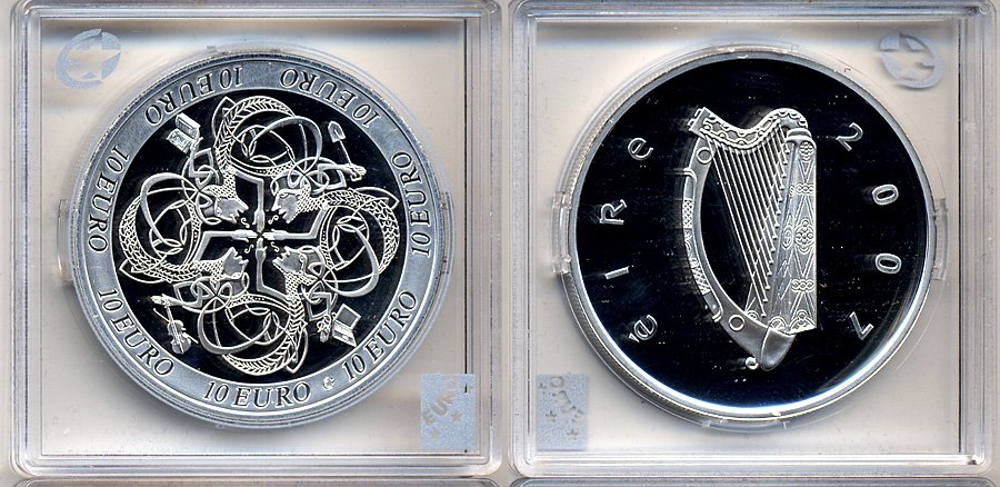 Ирландия 10 евро 2007 влияние Ирландии на европейскую культуру, символы влияния в 4-х областях культуры KM 58 серебро PROOF 5-3-1-47