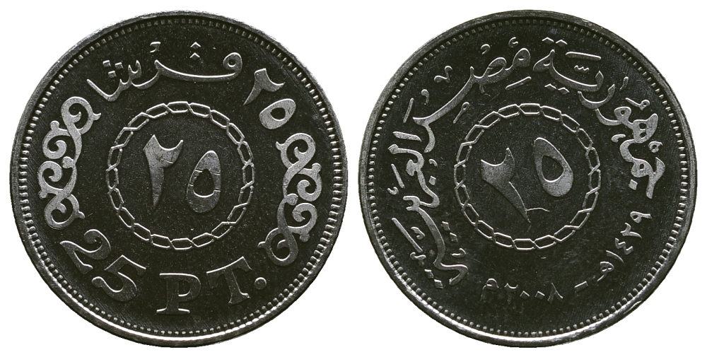 ЕГИПЕТ 25 ПИАСТРОВ 2008 KM 990 сталь плакированная никелем aUNC 4382-1115
