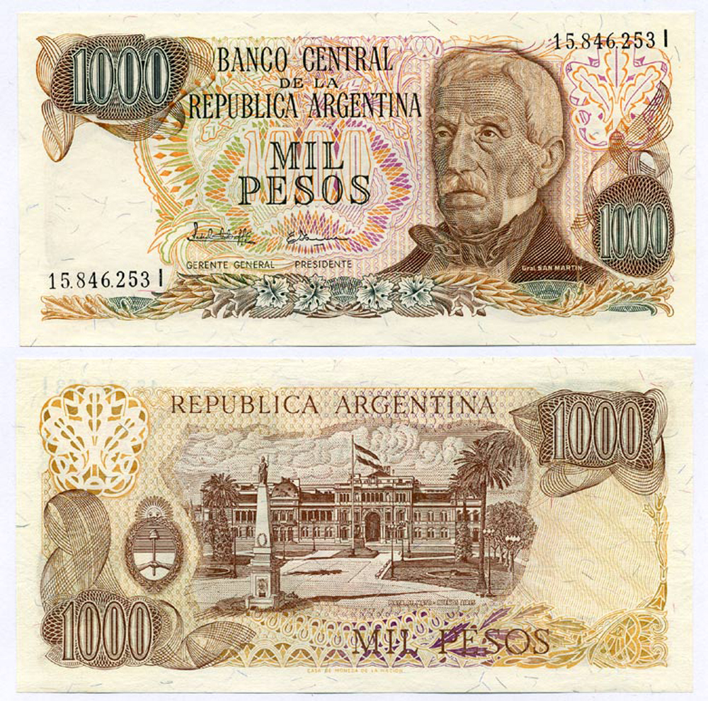 Аргентина 1000 песо 1982 серия I 15846, Генерал Сан Мартин Pick 304d бумага UNC (пресс) 8611-33-3-1