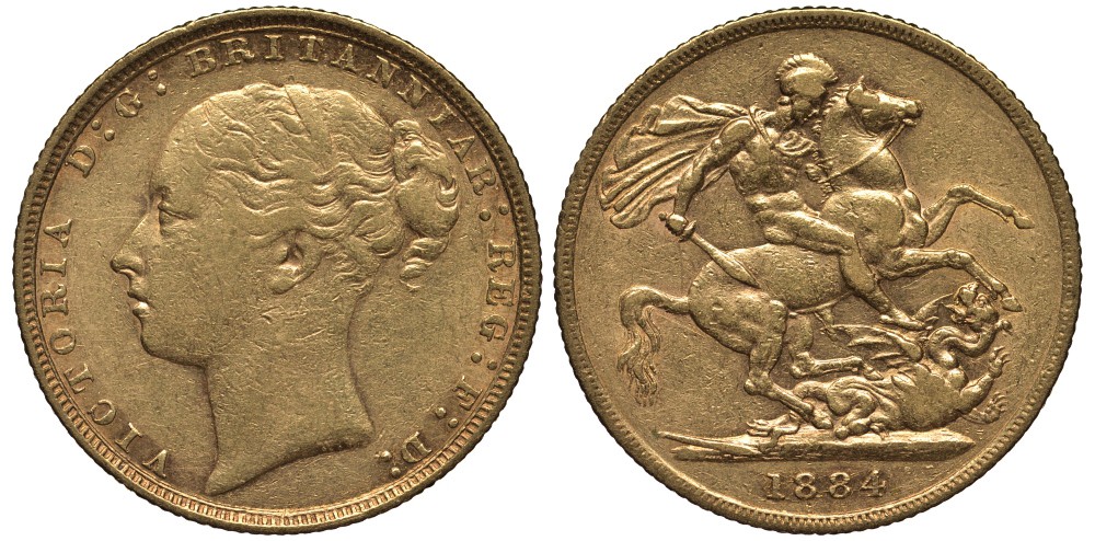 Великобритания соверен 1884 Виктория (1837-1901) Seaby 3856, KM 752, Friedberg 388 золото 00-000-00