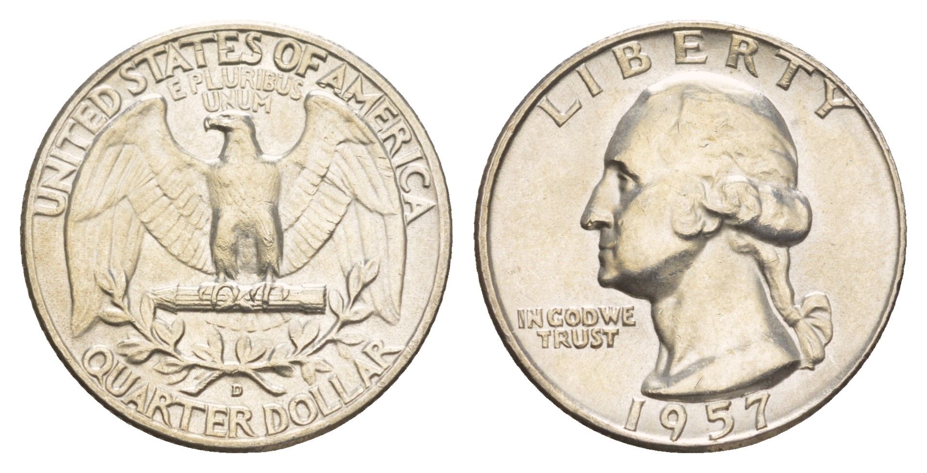 США 25 центов = квотер = 1/4 доллара 1957 D KM 164 серебро 4135-147