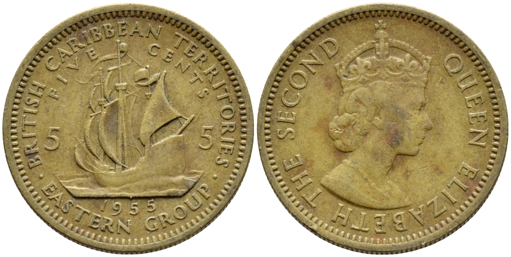 Британские Восточно-Карибские территории 5 центов 1955 Елизавета II (1952-2022), парусник KM 4 никель латунь 89-1741