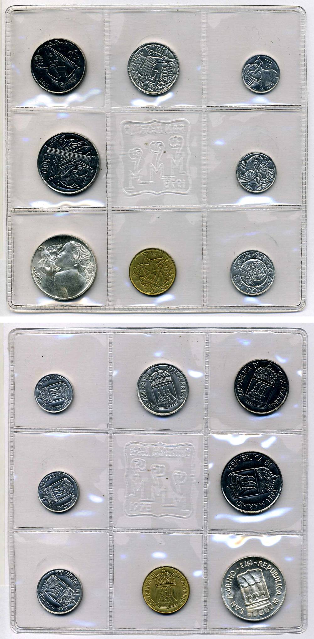 Сан-Марино годовой набор из 8 монет 1973 1, 2, 5, 10, 20, 50, 100 и 500 лир ребёнок держит голубя KM 22-29, в оригинальной пластиковой запайке серебро KM MS2 серебро UNC 3-4-5-22