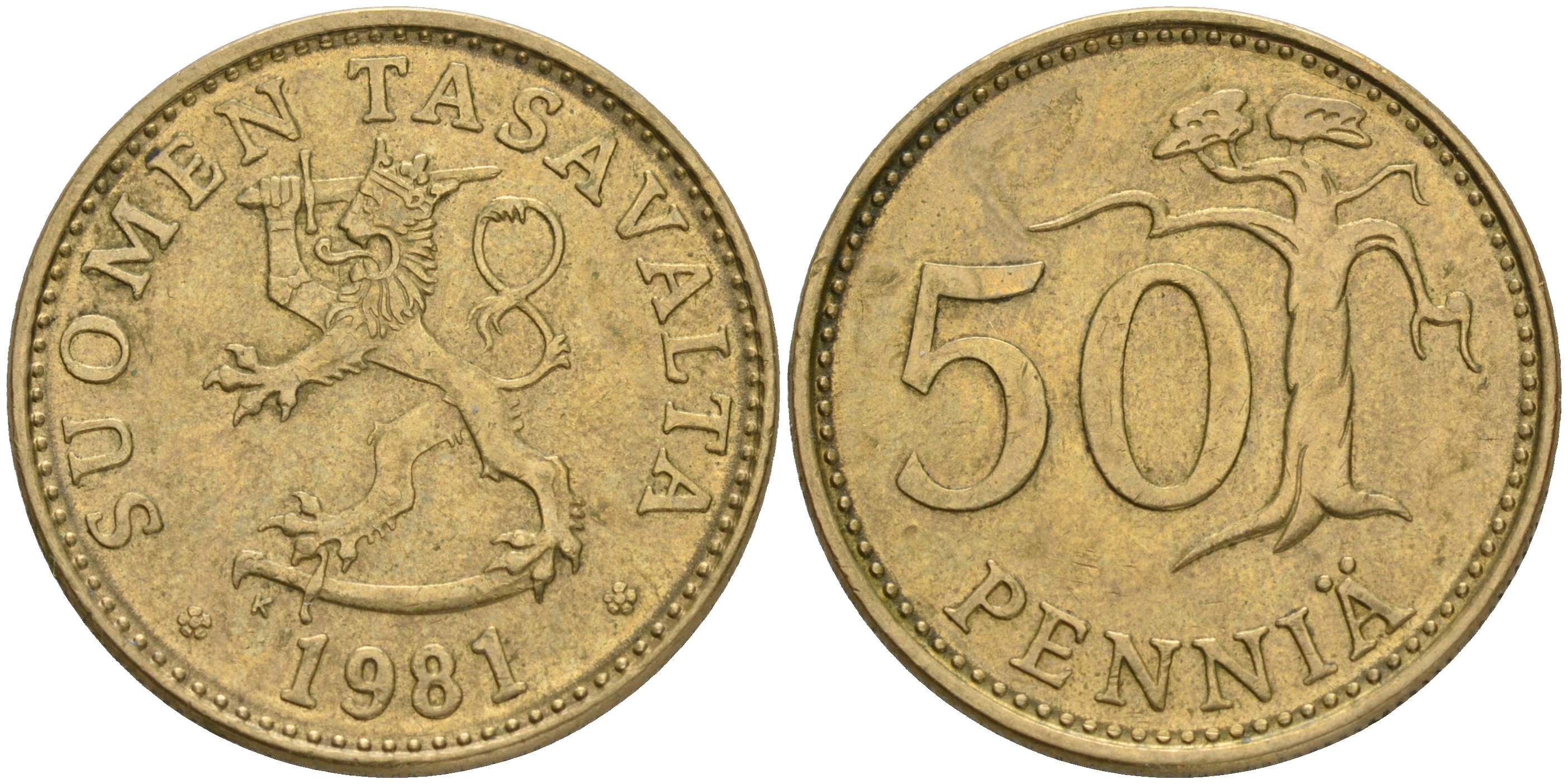 ФИНЛЯНДИЯ 50 ПЕННИ 1981 K KM 48 алюминиевая бронза 4556-217