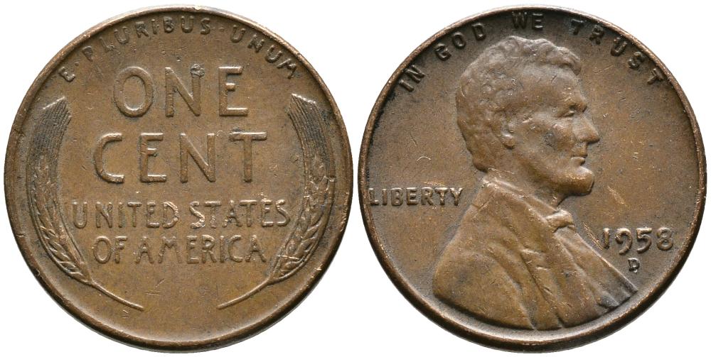 США 1 ЦЕНТ 1958 D, ЛИНКОЛЬН KM А132 медь цинк 4549-756