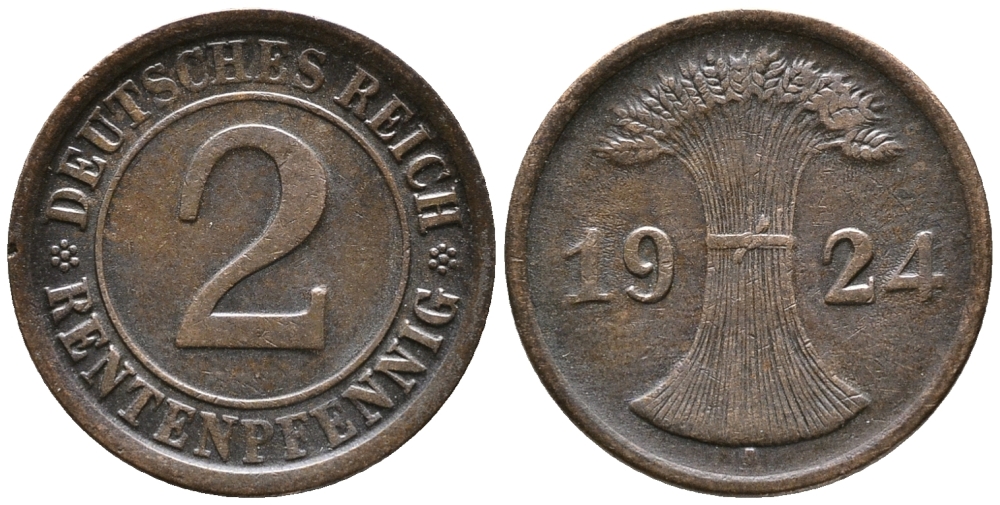 ГЕРМАНИЯ 2 РЕНТЕНПФЕННИГА 1924 A KM 31, J. 307 бронза 24-553