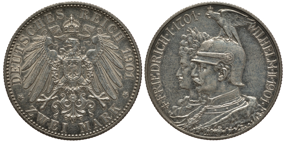 Пруссия 2 марки 1901 A, 200 лет Прусской королевской династии (Фридрих I - Вильгельм II) J.105, Weege 105, KM 525 серебро 3711-1015