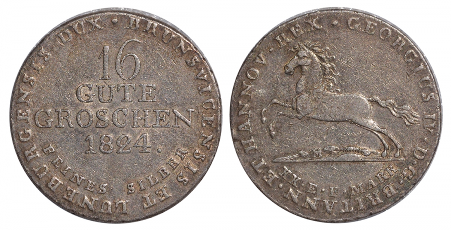 Брауншвейг-Каленберг-Ганновер 16 гутергрошей 1824 КМ 138, Welter 3016, AKS 38, Jaeger 23 h, Kahnt 207 серебро aUNC 00-1067-8-41