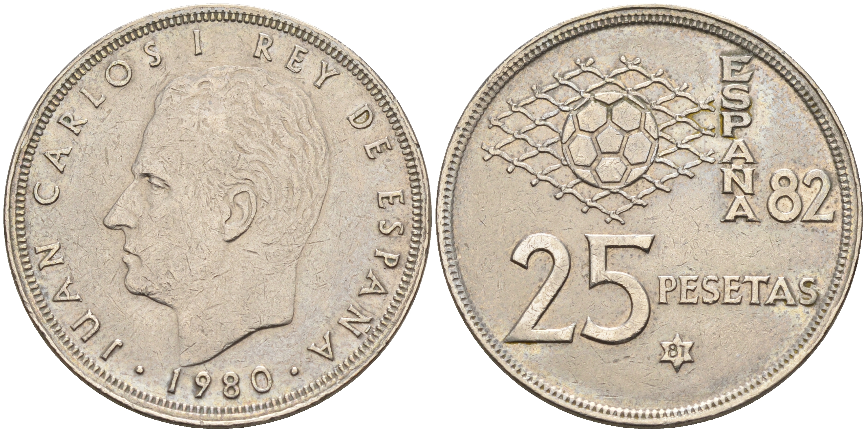 Испания 25 песет 1981 (80), Хуан Карлос I, чемпионат мира по футболу Испания 82 KM 818 медно-никель 4144-224