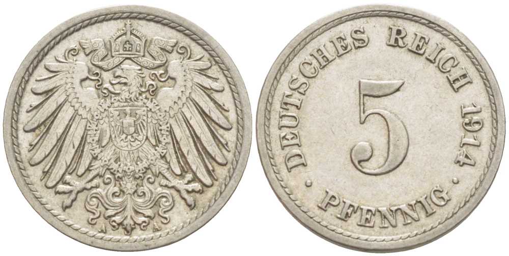 ГЕРМАНИЯ 5 ПФЕННИГОВ 1914 A KM 11, J. 12 медно-никель 105-169