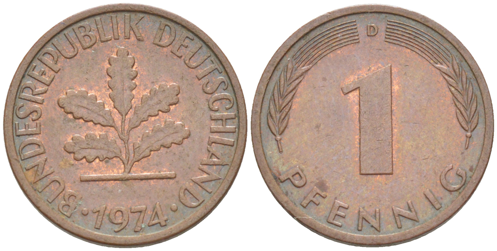 ФРГ 1 ПФЕННИГ 1974 D KM 105, J. 380 сталь плакированная медью 4181-614