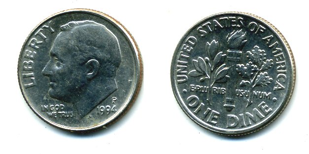 США 10 ЦЕНТОВ = 1 ДАЙМ 1994 P, РУЗВЕЛЬТ KM 195а медь плакированная медно-никелем 46-2528